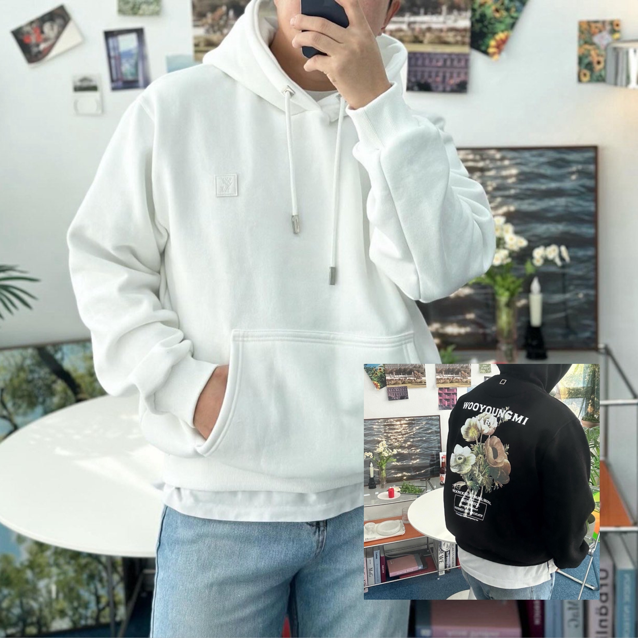 우** 뉴시즌 플라워 백로고 후드 셔츠.더