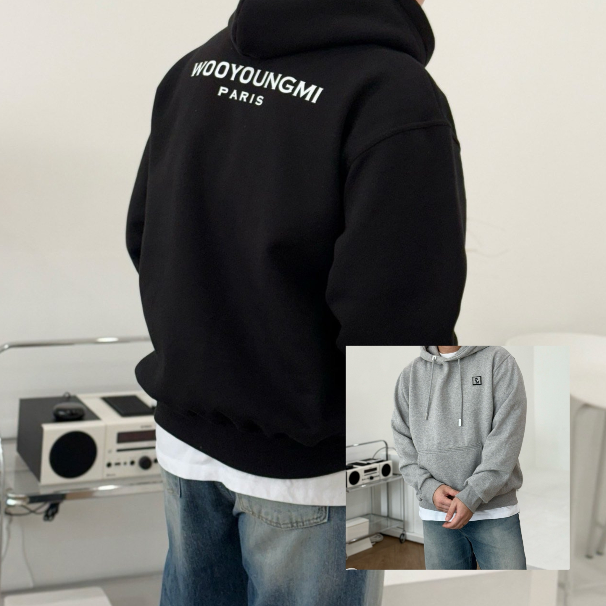 우** 코튼 백로고 후드 셔츠.더